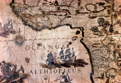 Karta över Afrika: detalj som visar Beninbukten med ön Saint Helene. 1600-talets Rom Italian Geographic Society av Unknown artist