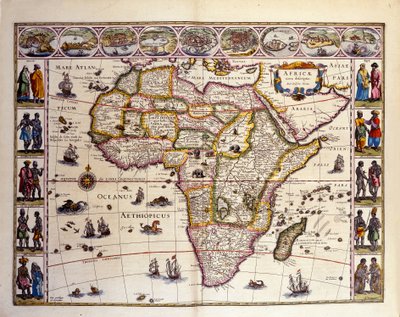 Karta över Afrika från William Blaeus Atlas. På toppen ligger städerna Tanger, ceuta, Alger, Tunis, Alexandria, Alcair, Moçambique, Saint Georges de la Mina, Kanarieöarna. Olika öar är också representerade utanför Afrika, Mascareignesöarna, Mada av Unknown artist