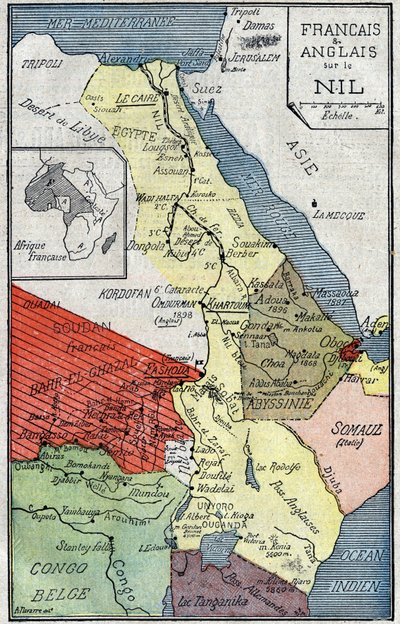 Karta över afrikanska territorier koloniserade av franska och engelska längs Nilen. Illustration i "" Le Pelerin"" den 2 oktober av Unknown artist