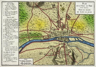 Karta över staden Paris under Ludvig Le Jeunes regering (Louis VII 1120-1180) Frankernas kung, gravyr 1800-talet av Unknown artist