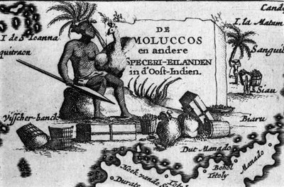 Karta över Molukkens skärgård i östra Indonesien. Geografisk karta hämtad från "Maps des Itineraires et voyages modernes"" av Pierre Vandier. 1600-talet av Unknown artist