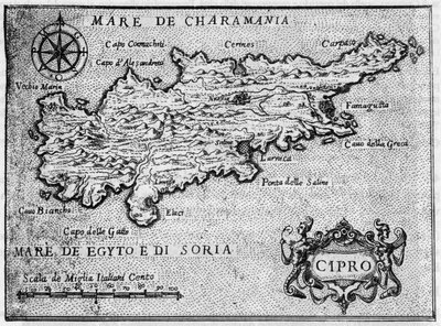 Karta över ön Cypern (cypern) 1587 i "" Jerusalems mest hängivna resa ". av Unknown artist