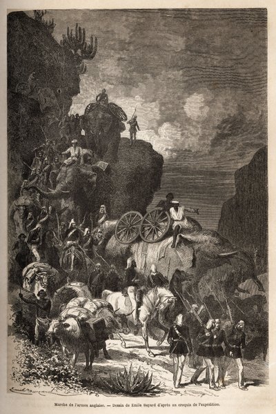 Marsch av den engelska armén mot Dalanta-platån, efter kejsar Theodoros trupper (cirka 1818-1868), med elefanter för transport av artilleripjäser. Gravyr för att illustrera berättelsen "" les captifs de Theodoros"", av doktor Henry Blanc av Unknown artist