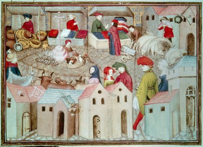 Marche de Champeaux i Paris Betail- och fjäderfähandlare, draperier. Miniatyr hämtad från "The Wandering Knight" av Thomas de Saluces (Tommaso III di Saluzzo), cirka 1403-1404. Paris, B.N. av Unknown artist