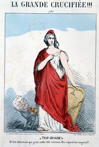Marianne håller mänskliga rättigheter i handen som Thiers vill sätta en krona till - karikatyr av Unknown artist