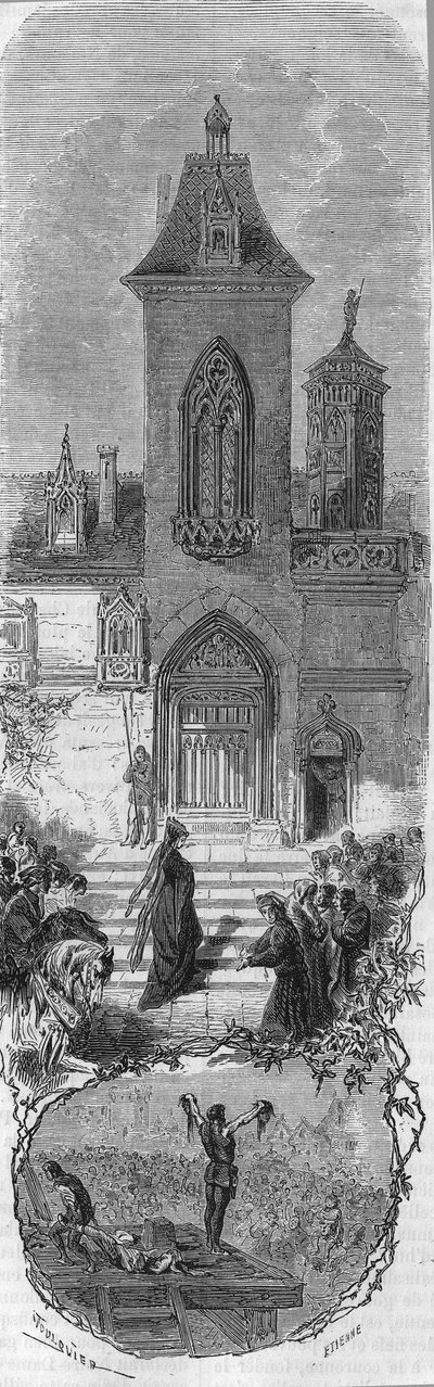 Marie de Burgundy ber om sina ministrars nåd. Hugonats och fadern till Humbercourts död den 3 april 1477. Gravyr från 1800-talet. av Unknown artist
