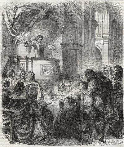 Marie de Rabutin-Chantal (Rabutin Chantal), markisin av Sevigne känd som Madame de Sevigne (1626-1696), lyssna på Louis Bourdaloue (1632-1704) fransman i jesvitkyrkan, Saint-Louis i Paris - gravyr från 1866 av Unknown artist