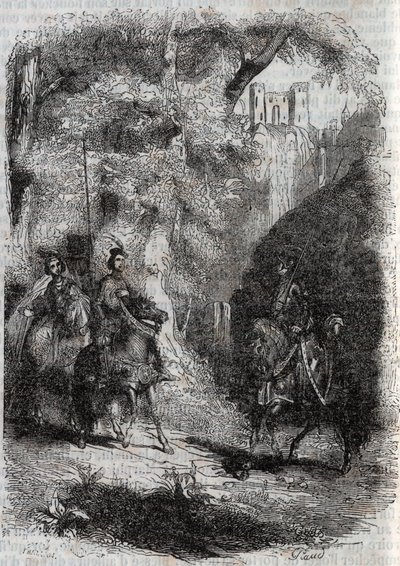 Marphise (Marfisa) and the Old Woman Meet Pinabel (Pinabello) - gravyr från 1851 från "" Furious Roland"" (1500-talet) av Ludovico Ariosto, känd som Ariosta - Upplaga översatt från italienska av greven av Tressan och publicerad av av Unknown artist
