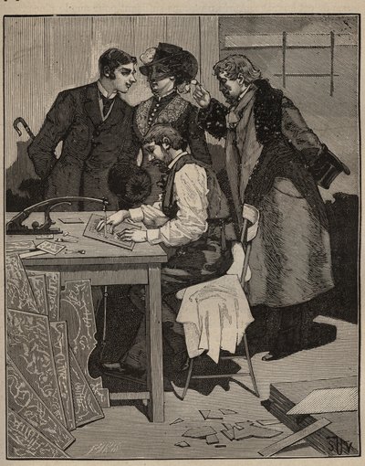 Marquetry: intarsia har jobbet. Gravyr från 1885 i "" Les arts et metiers illustres"" av Adolphe BITARD. av Unknown artist