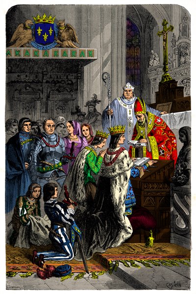 Äktenskap mellan Karl VIII (1470-1498) och Anne av Bretagne (1477-1514) den 13 december 1491 på chateau de langeais, gravyr 1800-talet av Unknown artist