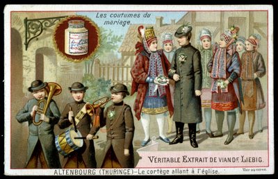 Äktenskapssed: processionen som går till kyrkan i Altenburg (Thüringen) - chromo. Liebig, v. 1895 av Unknown artist