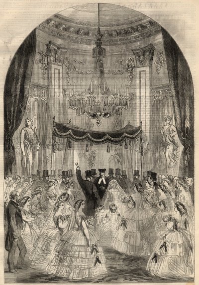 Äktenskap mellan Baron Alphonse de Rothschild (1827-1905) och Leonora de Rotschild (1837-1911). Maria lärde sig att kasta en drink på golvet, det sista steget i ett judiskt äktenskap som kallas "det krossade glaset". Gravyr i "" The Illustrated London News av Unknown artist