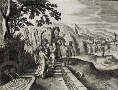 Isak och Rebeccas äktenskap. Gravyr från en 1600-talsbibel. av Unknown artist