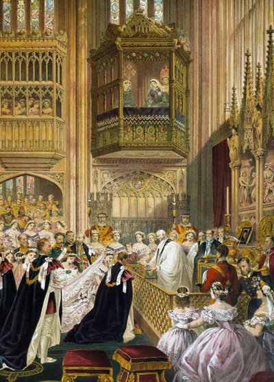 Äktenskap mellan prinsen av Wales (som blev kung Edward VII av England) (1841-1910) med Alexandra av Danmark (Alexandra Caroline Marie Charlotte Louise Julie av Schleswig-Holstein-Sonderburg-Glucksbourg (Schleswig Holstein Sonderburg Glucksbourg) (1844-19) av Unknown artist