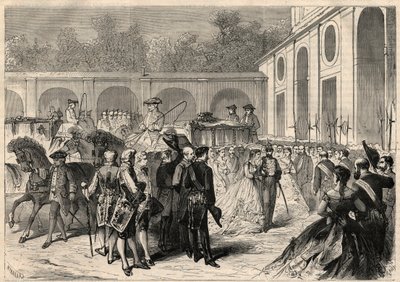Äktenskap med spädbarnet Marie-Isabelle av Spanien (Isabel av Borbon och Borbon) (1851-1931) och Gaetan av Bourbon-Sicilien (1846-1871), greve av Agrigento (Girgenti): ankomst av kortegen till den kungliga basilikan i Atocha i av Unknown artist