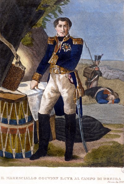 Marskalk Laurent Marquis de Gouvion Saint Cyr (1764 till 1830) vid slaget vid Dresden 1813. gravyr 1800-talet av Unknown artist