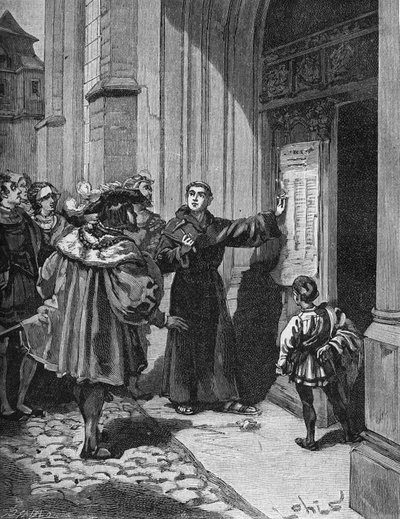 Martin Luther (1483-1546) hänger sina 95 teser i Wittenberg av Unknown artist