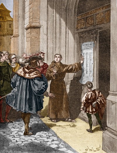 Martin Luther (1483-1546) hänger sina 95 teser i Wittenberg av Unknown artist