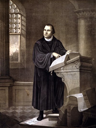 Martin Luther (1483 - 1546) läser i en kyrka. av Unknown artist