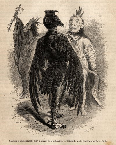 Masker och förklädnader för medicinens dans bland Naya-indianerna. Gravyr för att illustrera en utflykt bland indianstammarna i Colombia och Upper Missouri, av G. Catlin, 1855, publicerad i "" le tour du monde", under ledning av Unknown artist