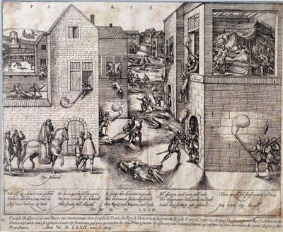 Massaker av Saint Barthelemy (Saint Barthelemy) i Paris natten till den 24 augusti 1572. Gravyr från 1500-talet. Pau, Musée du Chateau av Unknown artist