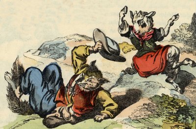 Mästerräven leker med Little Goat. Illustration av berättelsen "Bon medor och lilla Chevrette". I "" Sagor från hemmet för de minsta"". Anonym gravyr från 1800-talet. av Unknown artist