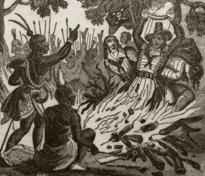 "McFarren, hans kompis, och fyra av besättningen, brändes till döds av Sandwichöarnas infödda", ca 1836 av Unknown artist