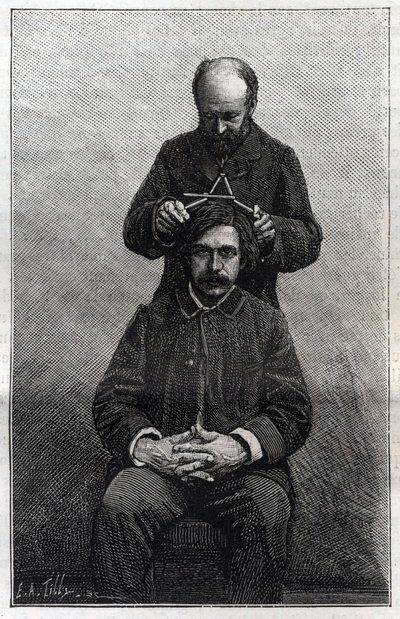 Mätningar av huvudets maximala bredd av polisprefekturen enligt Alphonse Bertillons (1853-1914) metoder känd som "Bertillonnage". Gravyr i "" La Nature"" av Unknown artist