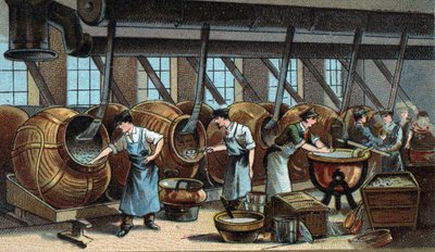 Mekanisk tillverkning av dragéer. Kromolitografi från slutet av 1800-talet av Unknown artist