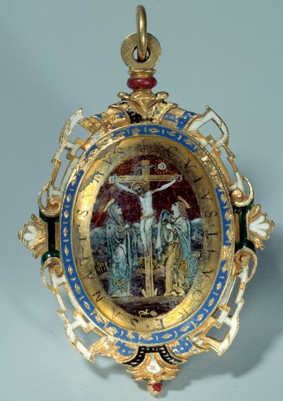 Medaljong i e-post på rund guldbula pryder korsfästelse och flykt till Egypten. Debut av 1500-talet Sun. h. 7 cm. Paris. Louvren av Unknown artist