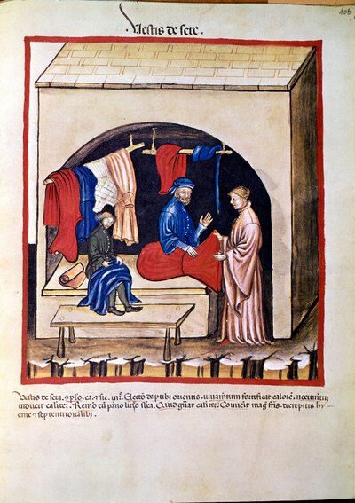Medicinhandel: "" silke clothing trader"" Sidan hämtad från "" Tacuinum sanitatis"" (Cod. ser. nov. 2644) Runt 1400 Wien, Österrikes nationalbibliotek av Unknown artist