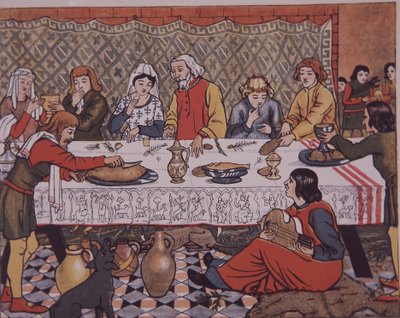 Medeltida herrgårdsherre matsal (färg litho) av Unknown artist