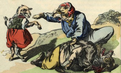 Medor räddar Little Chef från vargen. Illustration av berättelsen "Bon medor och lilla Chevrette". I "" Sagor från hemmet för de minsta"". Anonym gravyr från 1800-talet. av Unknown artist