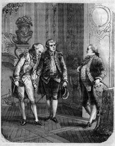 Möte mellan greven av Marbeuf, utnämnd till militärguvernör på Korsika 1772 och Pascal (Pasquale) Paoli. I "" Pasquale Paoli eller Pontenuovo-rutten "" "av F.D. Guerrazzi. 1872. av Unknown artist