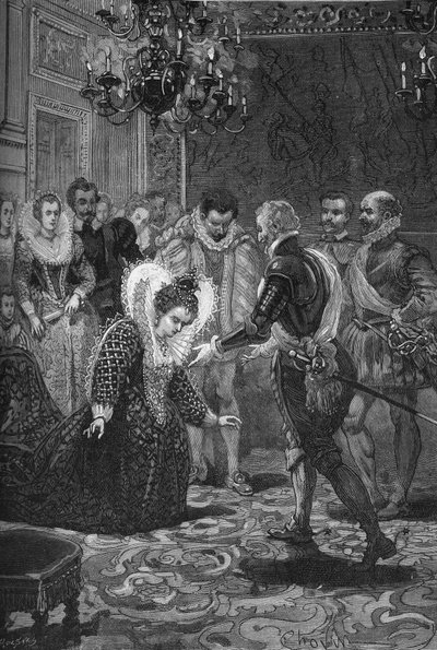 Möte mellan Maris de Medicis och Henrik IV (1601): Maria av Medicis (1573 -1642) böjer sig för sin man, kungen av Frankrike Henrik IV (1553-1610). Gravyr av 1800-talet. I "Histoire de France" av Jules Michelet av Unknown artist
