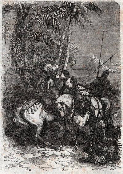 Möte av Marphise (Marfisa), Astolphe (Astolfo) och Sansonnet (Sansonetto) - gravyr från 1851 från "" Roland furieux" (Orlando furioso) (1500-talet) av Ludovico Ariosto, känd som Ariosta - Upplaga översatt från italienska av greven av Tressan an av Unknown artist