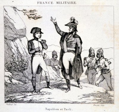 Möte av Napoleon Bonaparte och Pasquale eller Pascal Paoli (1725 - 1807), Patriote Corsica. Gravyr av 1800-talet. av Unknown artist
