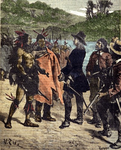 Möte av Robert Cavelier de La Salle (1643-1687) med indianerna i Amerika. Gravyr av 1800-talet. av Unknown artist