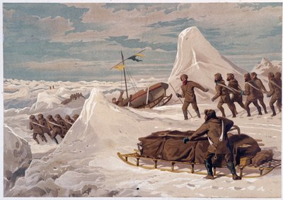 Män och slädar - i "" The shores of the polar sea, an Arctic expedition narration"", av Dr Edward Moos, Marcus Nard & Co, London av Unknown artist