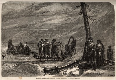 Merchant of the ambulant, har en snö korsning av vägen till St Petersburg. Ritning av Henriet, för att illustrera hans resa till de ryska baltiska provinserna 1851-54. Gravyr i "" Le tour du monde"", redigerad av Edouard Charton av Unknown artist