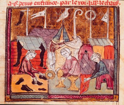 Köpmän (skomakare, guldsmed, tyghandlare) på Lendit-mässan nära Saint Denis Miniature från "" Grandes Chronicles de France"" 1375-1379 kommunala biblioteket, Castres av Unknown artist