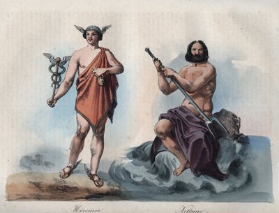Mercurius (Hermes) och Neptunus (Poseidon) - gravyr från "" Seder och traditioner för alla folk i universum. Det vill säga historien om regeringen, om lagarna, om milisen, om religionen för alla nationer från de mest avlägsna tiderna till våra dagar "1856 av Unknown artist