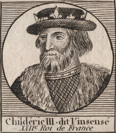 Merovingerdynastin: Porträtt av Childeric III (714-755) Frankernas kung - CHILDERIC III (d. 754) Frankernas kung, 741-751, och den sista av merovingerna - gravyr från "" Instruction sur l