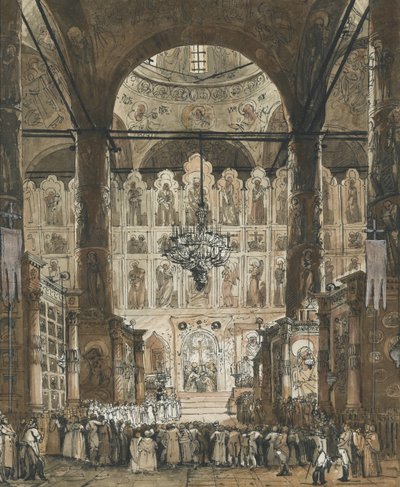""Mässa vid Dormitionskatedralen i Moskva Kreml, Ryssland"" (Mässa vid Dormitionskatedralen i Moskva Kreml) Anonym gouache ca 1850 Privat samling av Unknown artist
