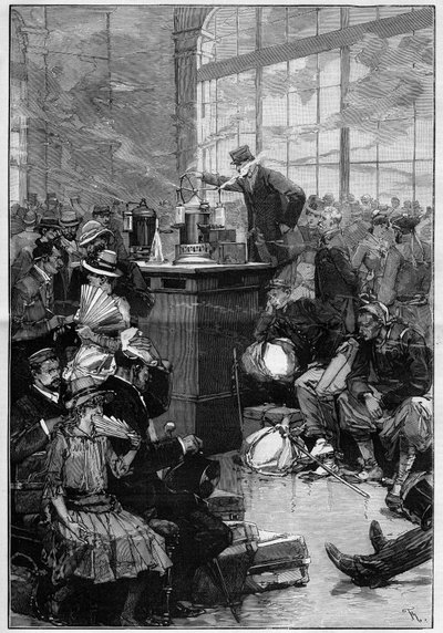 Åtgärder vidtagna mot den utbredda koleraepidemin i Toulon: desinfektionsrummet på Gare de Lyon, Paris. Gravyr i ""The Illustrious World"" av Unknown artist