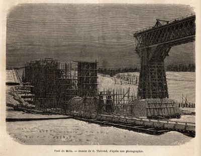 Meta Bridge (Ukraina), under uppbyggnad. Gravyr för att illustrera La Russie libre, av William Hepworth Dixon, 1869, publicerad i "" Le tour du monde""" 1872, redigerad av Edouard Charton, Hachette-upplagan, Paris. Selva samling. av Unknown artist