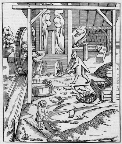 Metallugnsfläkt som drivs av en hydraulmotor. Fac simile (Fac-simile) av en gravyr publicerad i "" Cosmographie"" (1555) av Sebastien Munster. Gravering i "" Nature: granskning av vetenskaperna och deras tillämpningar på konst och industri "" av 10 av Unknown artist