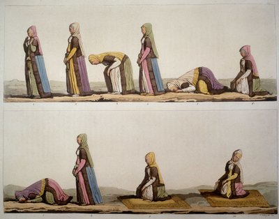 Metod för bönepositioner för muslimer. I "" Den gamla och moderna kostymen"" 1819-1820, av Ferrario. av Unknown artist