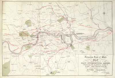 Metropolitan Board of Works karta över Bazalgettes plan för linjerna för huvudavloppsledningar, konstruerad för den förbättrade dräneringen av metropolen av Unknown artist