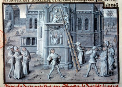 Medeltid: byggandet av gotiska katedraler. Skulptörer som arbetar med reliefer i en skala. Miniatyr från ett manuskript. 1400-talets Paris, B.N. av Unknown artist